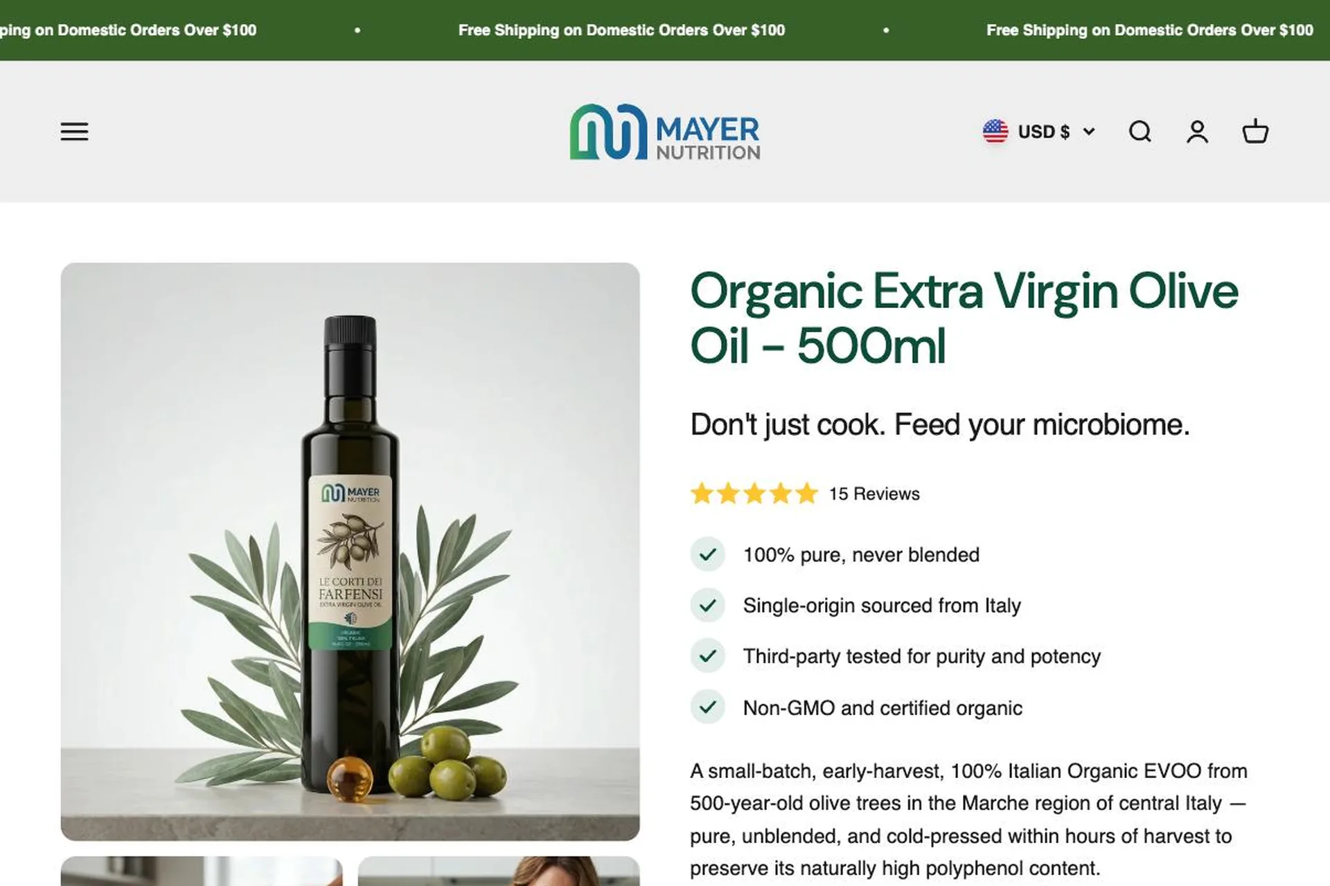 Mayer Nutrition olive oil product page by Awespire Studios