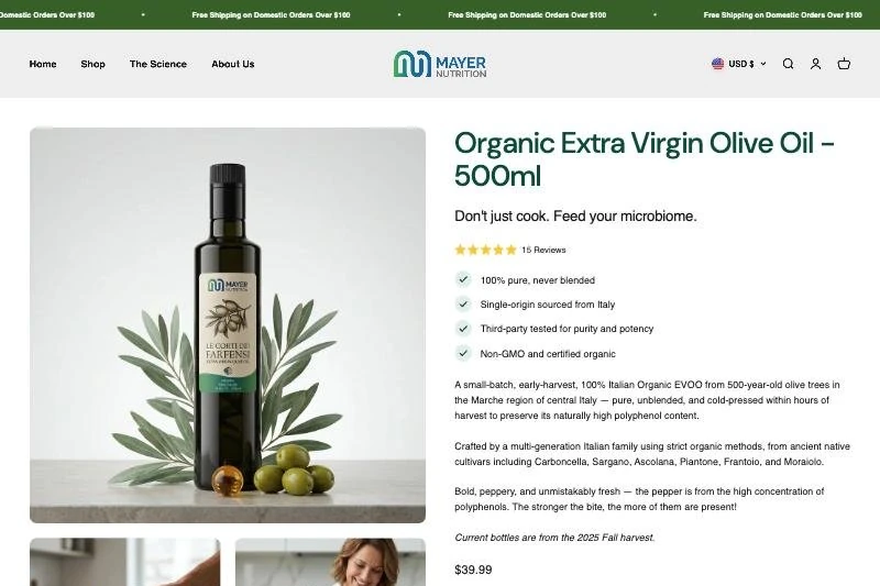 Mayer Nutrition olive oil product page