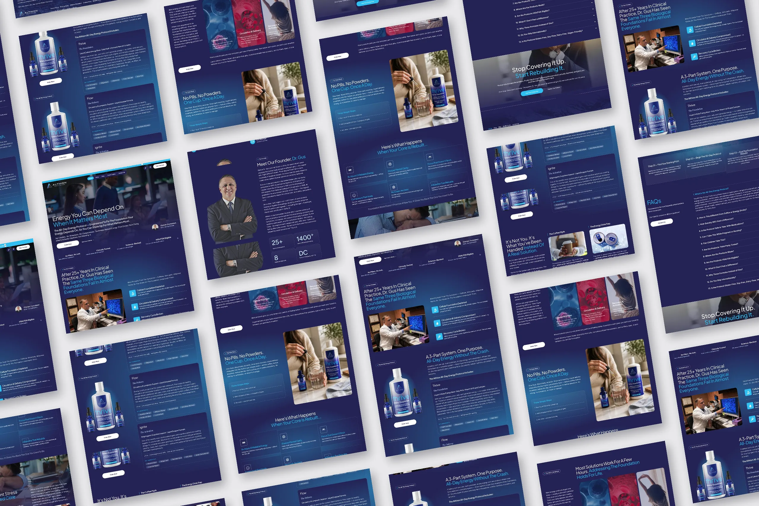 Collage of Althion website pages designed by Awespire Studios, showing cellular energy supplement product pages, founder story and FAQs in deep navy and blue