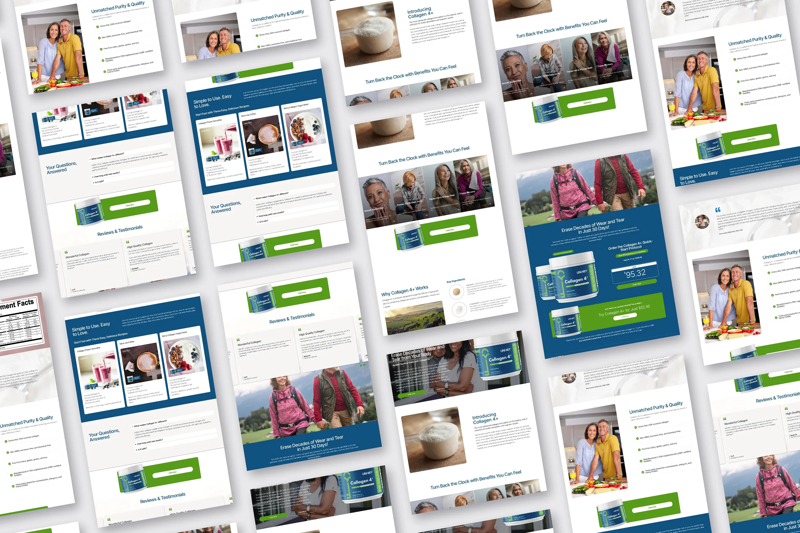 Collage of UNI KEY Health Collagen 4+ offer pages designed by Awespire Studios, showing product benefits, recipes, reviews and offer sections in blue, green and white