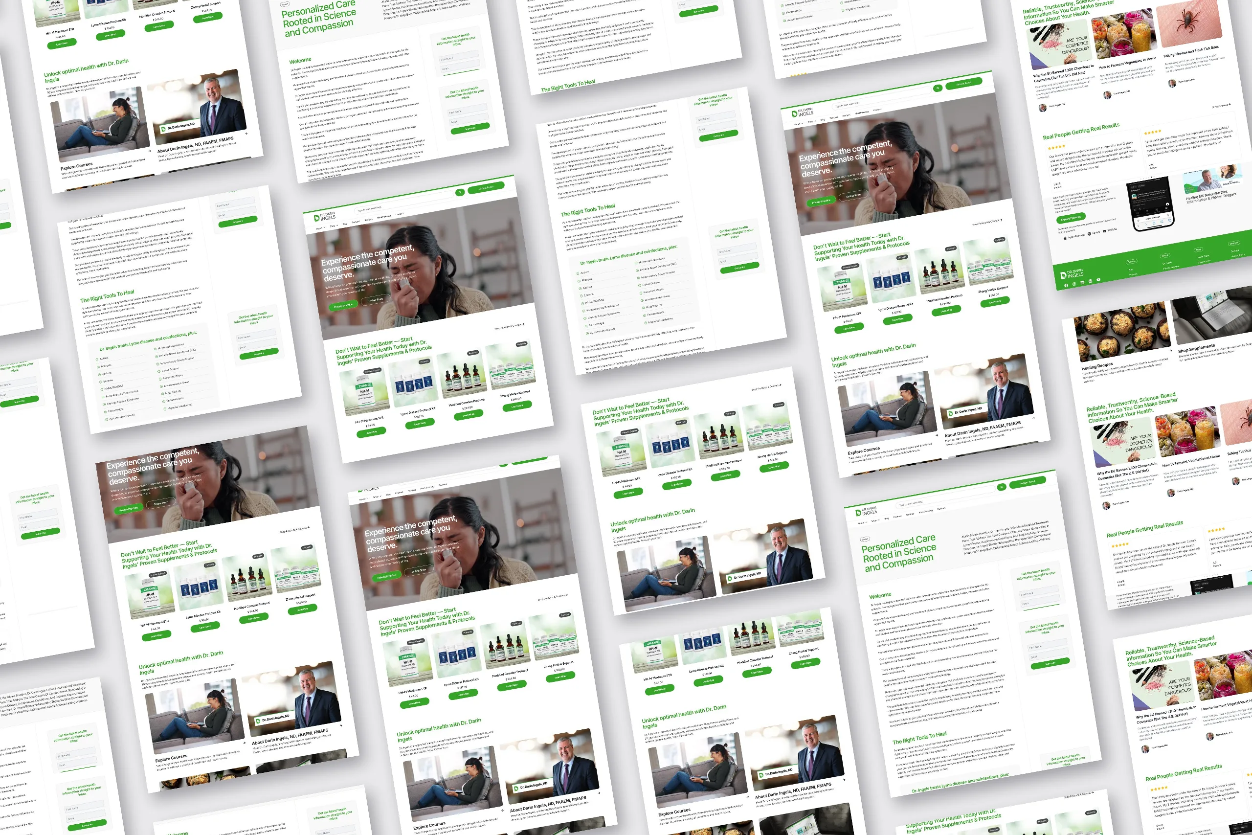 Collage of Dr. Darin Ingels website pages designed by Awespire Studios, showing naturopathic practice, supplement product and patient intake layouts in green and white