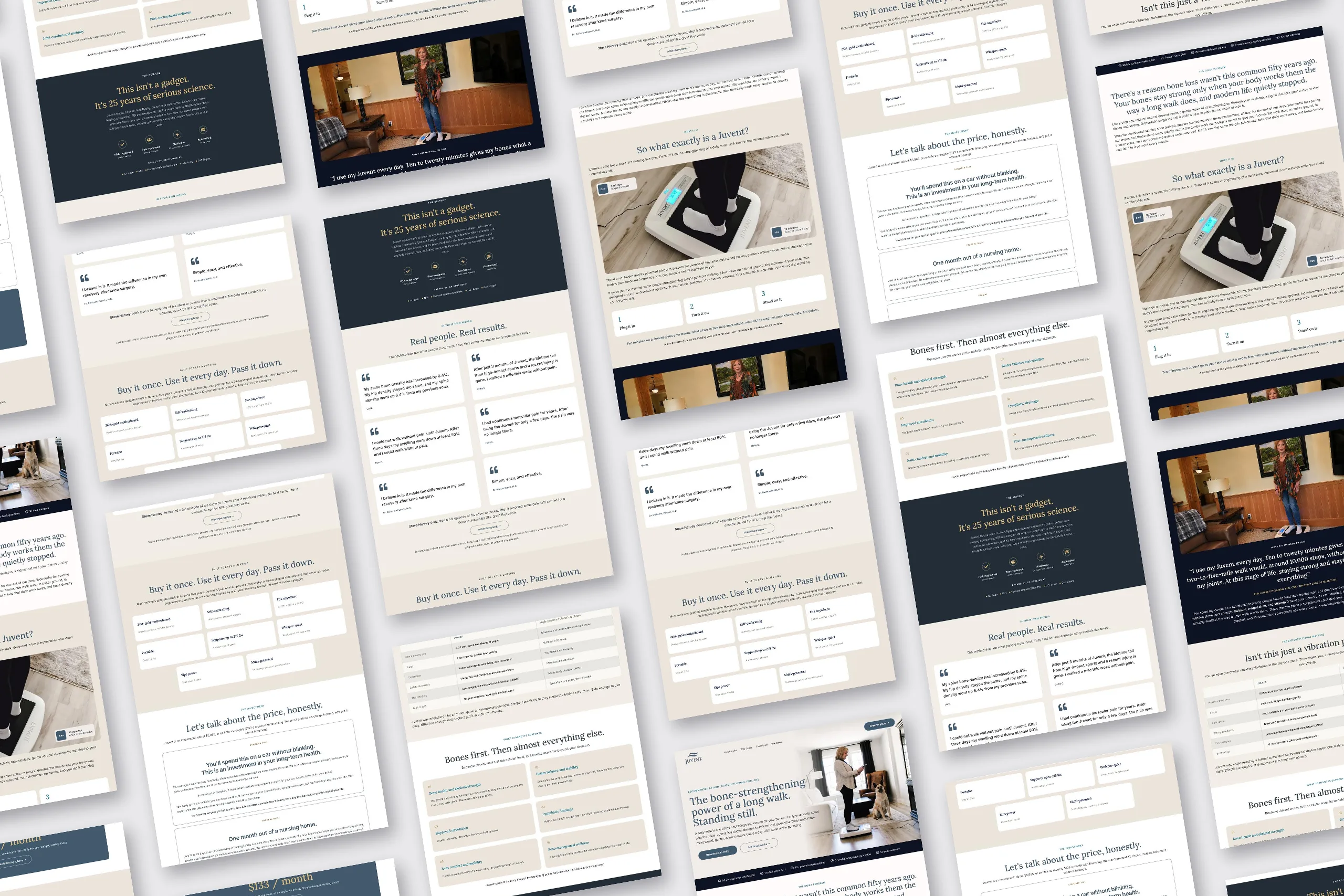 Collage of the Juvent endorsement landing page designed by Awespire Studios for Ann Louise Gittleman, showing bone health platform sections, testimonials and pricing in navy and cream