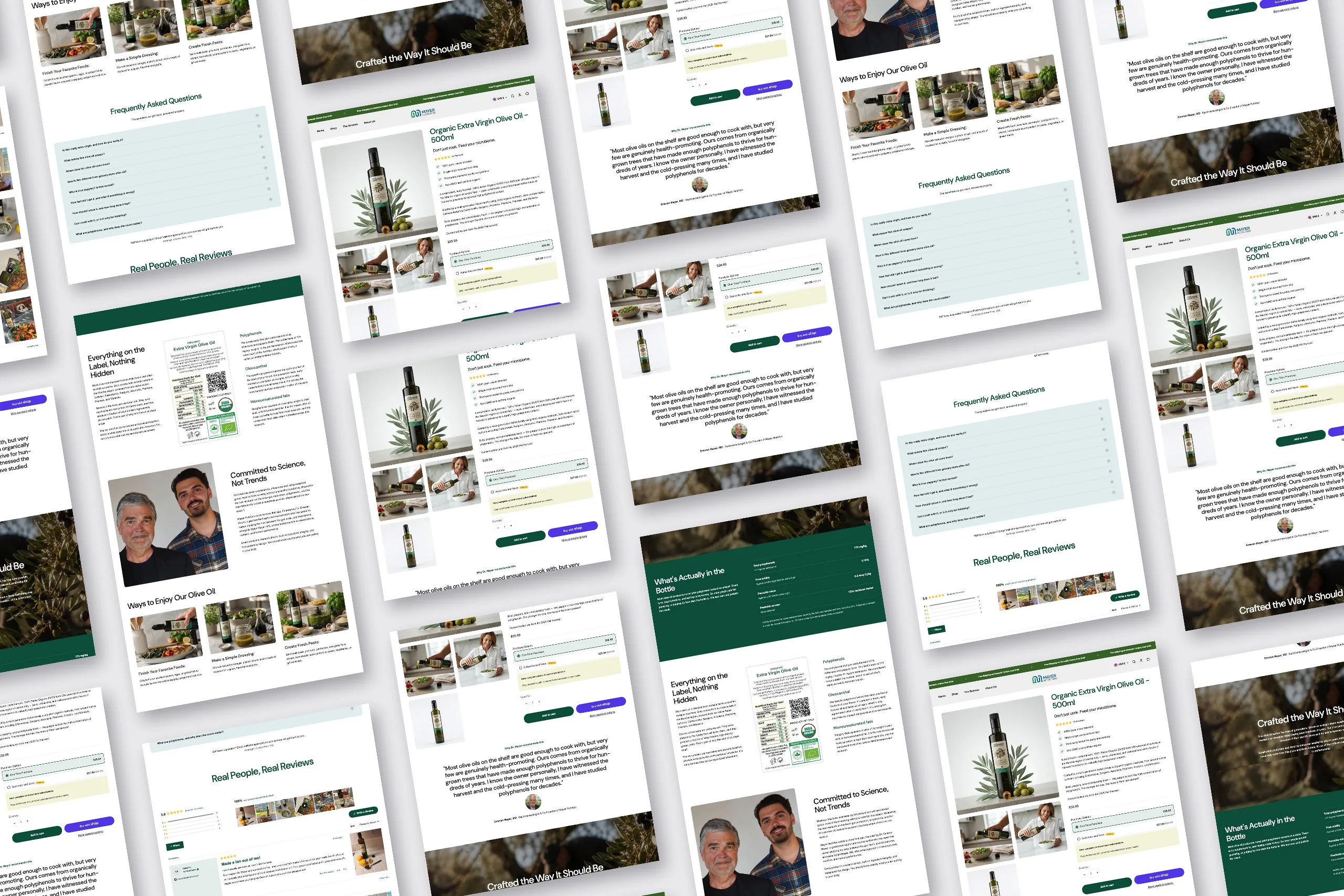 Collage of Mayer Nutrition Shopify product pages designed by Awespire Studios, showing organic extra virgin olive oil product details, FAQs and reviews in green and white