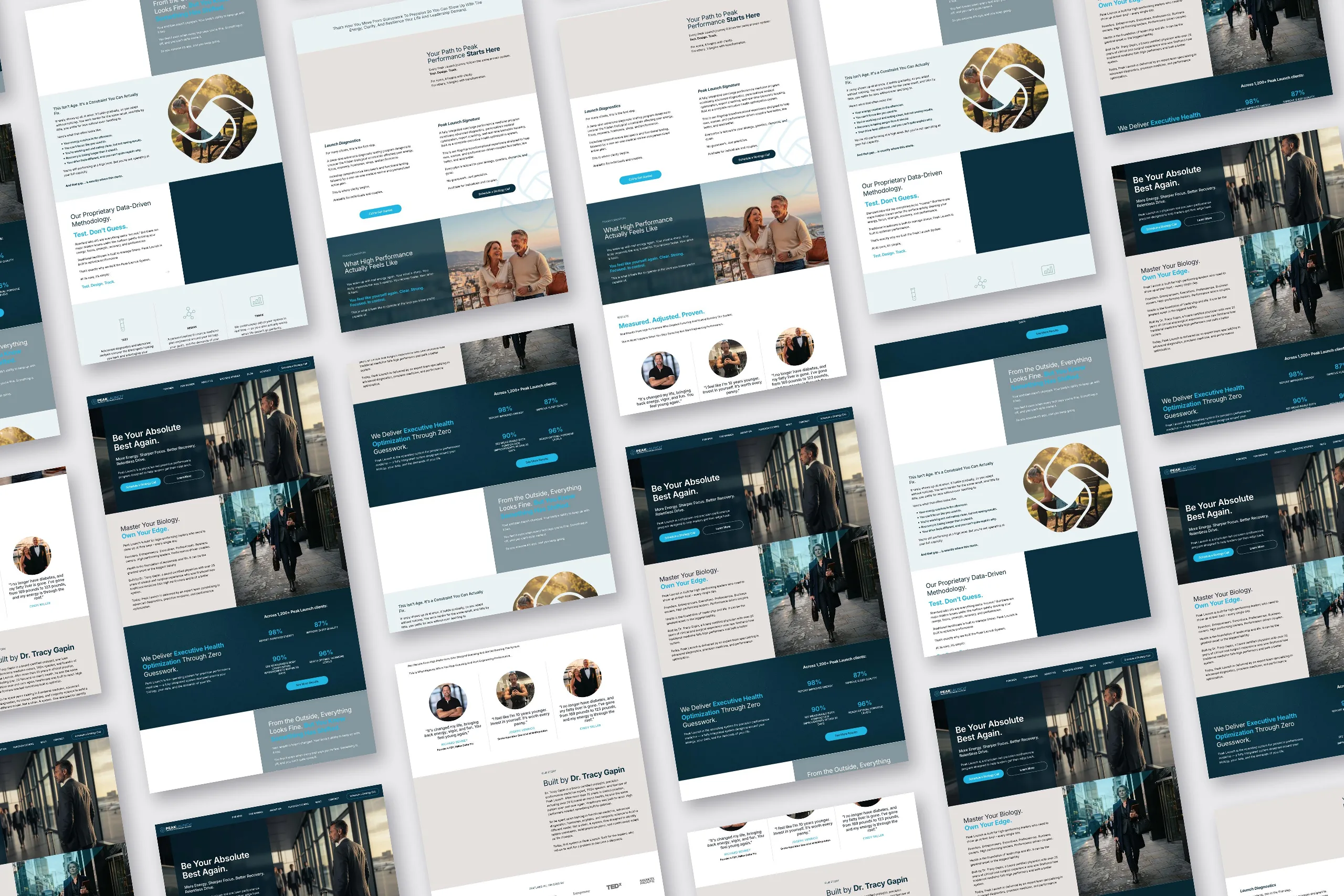 Collage of Peak Launch website pages designed by Awespire Studios, showing executive health optimization layouts in navy, gray and white