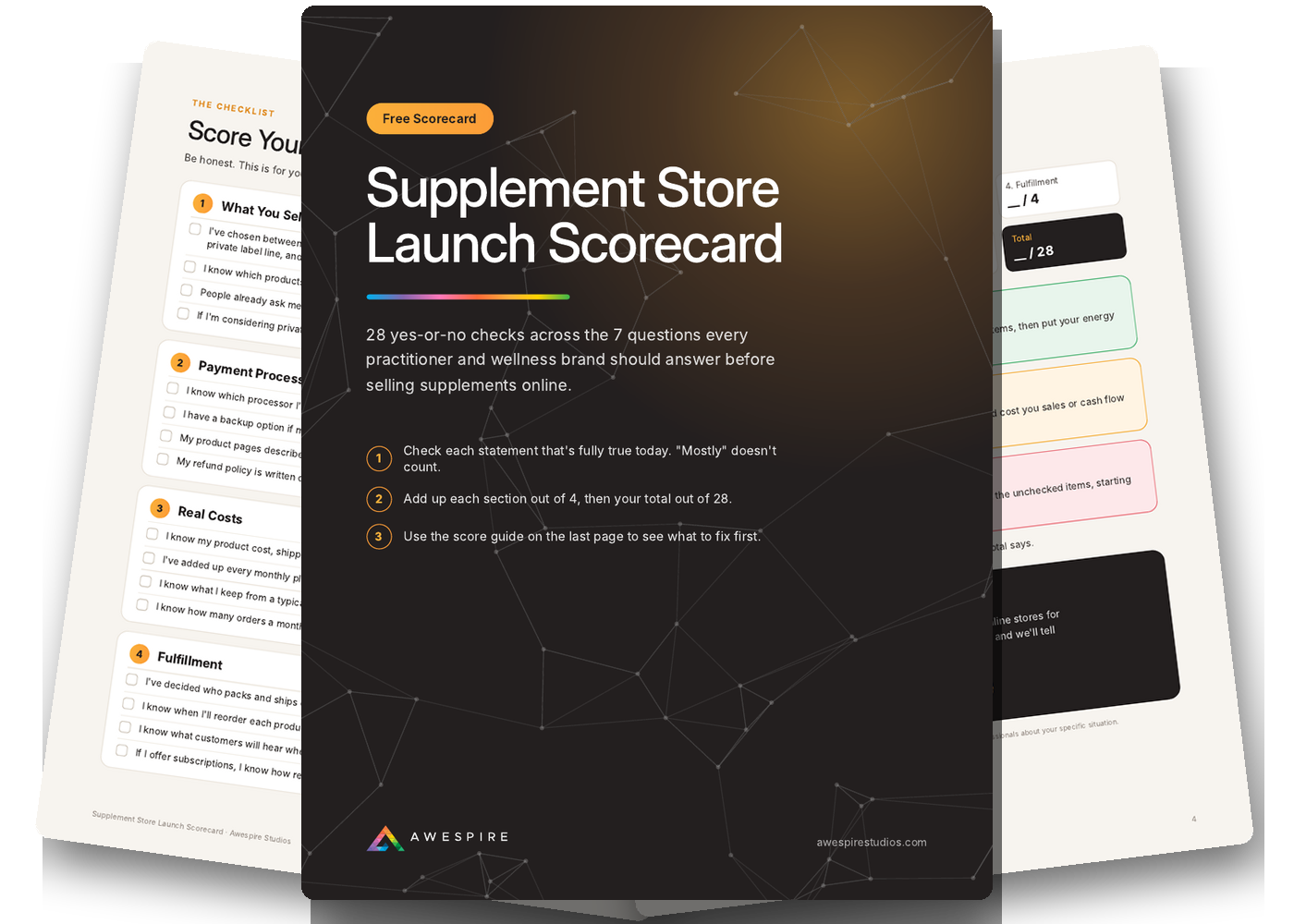 Preview of the Supplement Store Launch Scorecard: the cover, the checklist pages, and the score guide