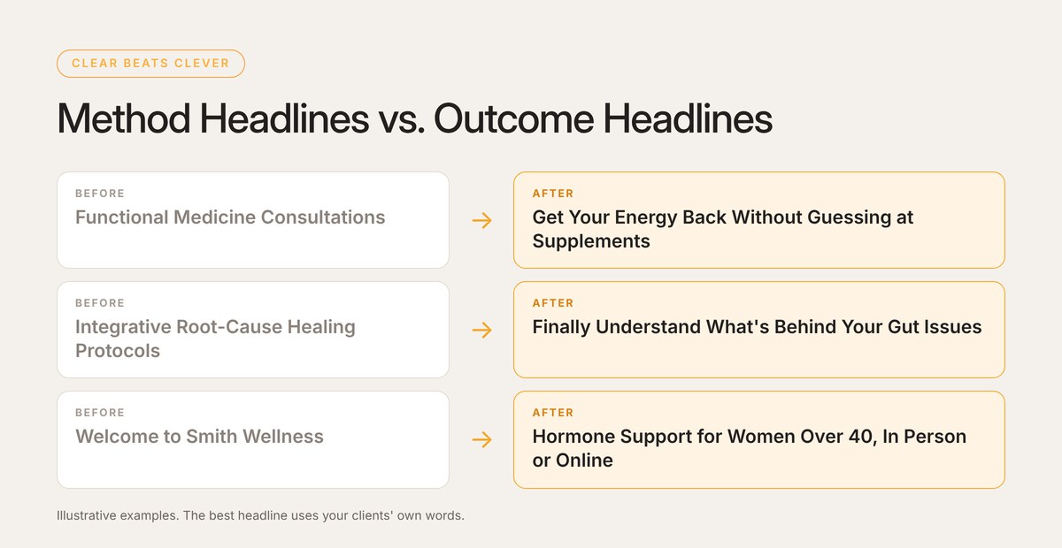 Examples of method headlines rewritten as outcome headlines, such as Functional Medicine Consultations rewritten as Get Your Energy Back Without Guessing at Supplements