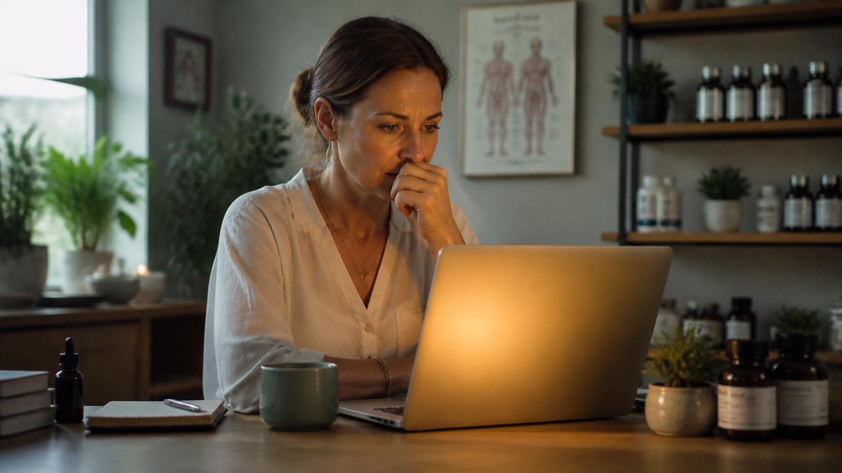 A wellness practitioner looks with concern at a warning glowing on her laptop screen in her clinic