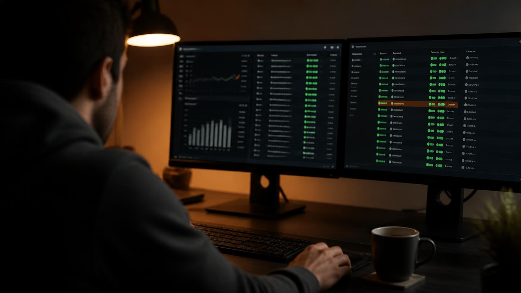 A web developer reviews website monitoring dashboards on two screens early in the morning